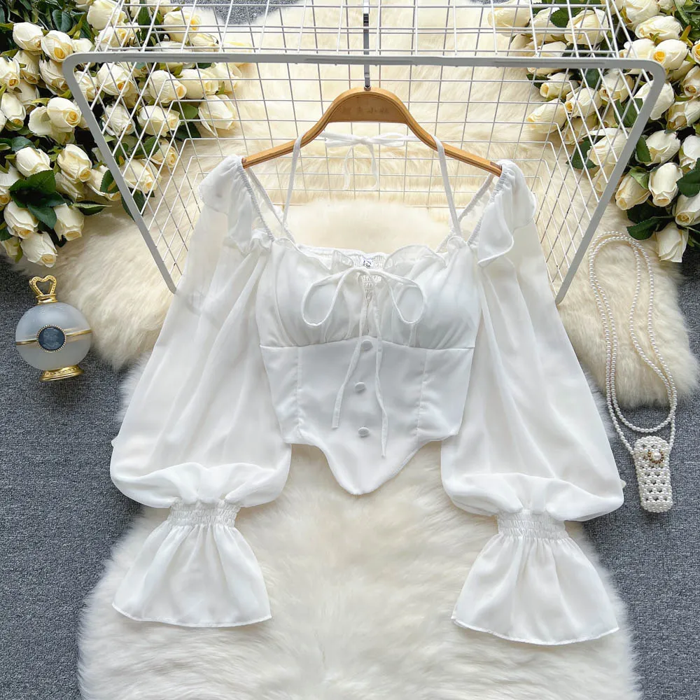 Amy Fashion - Chiffon Slim Harajuku Sexy Short Blouse