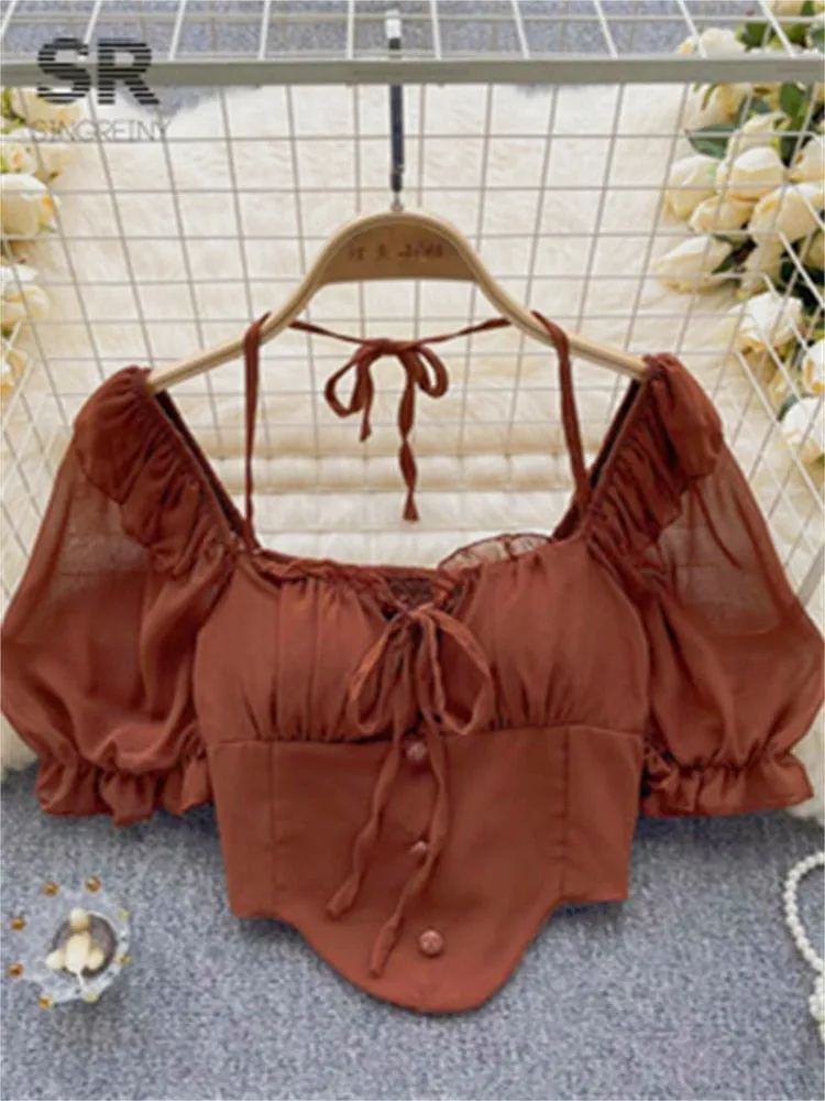 Amy Fashion - Chiffon Slim Harajuku Sexy Short Blouse