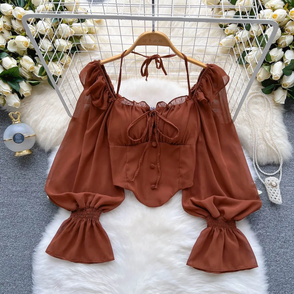 Amy Fashion - Chiffon Slim Harajuku Sexy Short Blouse