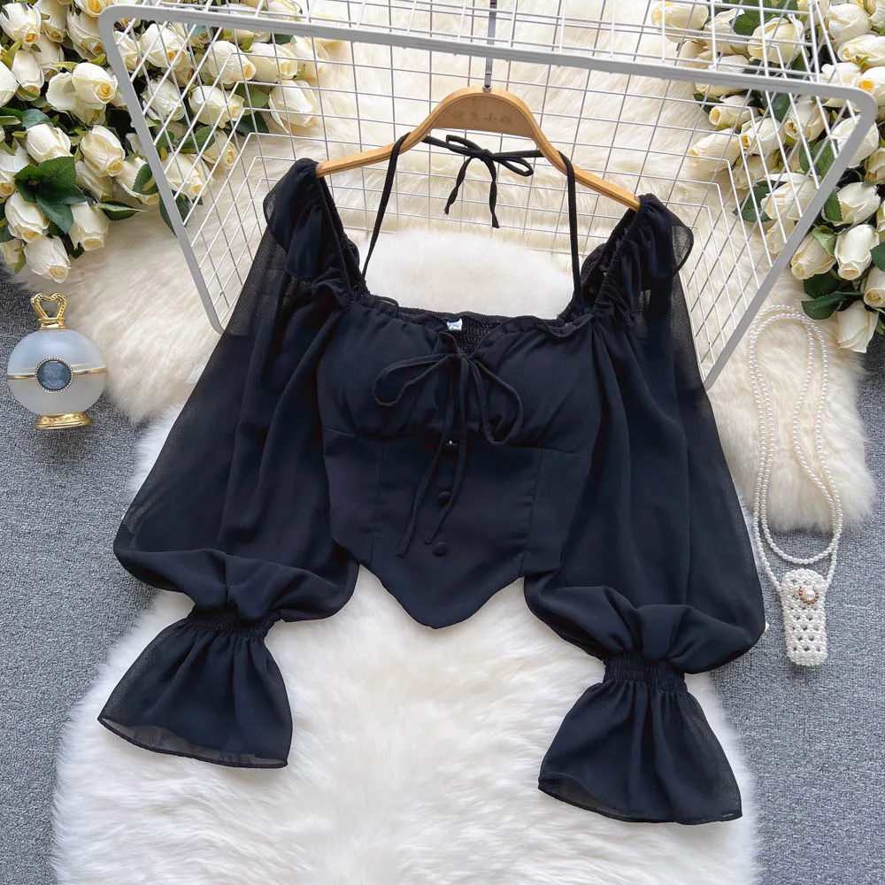 Amy Fashion - Chiffon Slim Harajuku Sexy Short Blouse