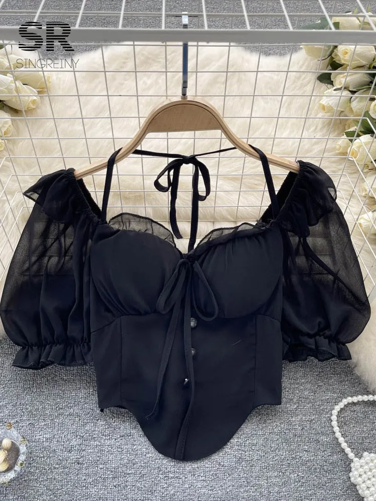 Amy Fashion - Chiffon Slim Harajuku Sexy Short Blouse