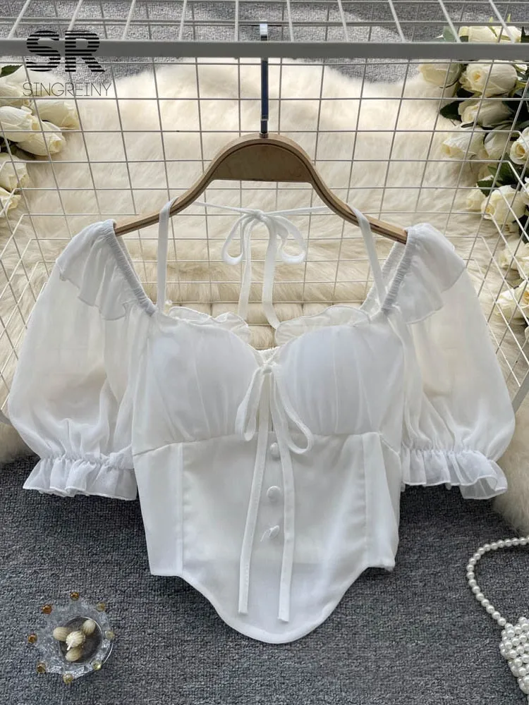 Amy Fashion - Chiffon Slim Harajuku Sexy Short Blouse