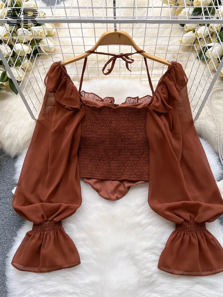 Amy Fashion - Chiffon Slim Harajuku Sexy Short Blouse