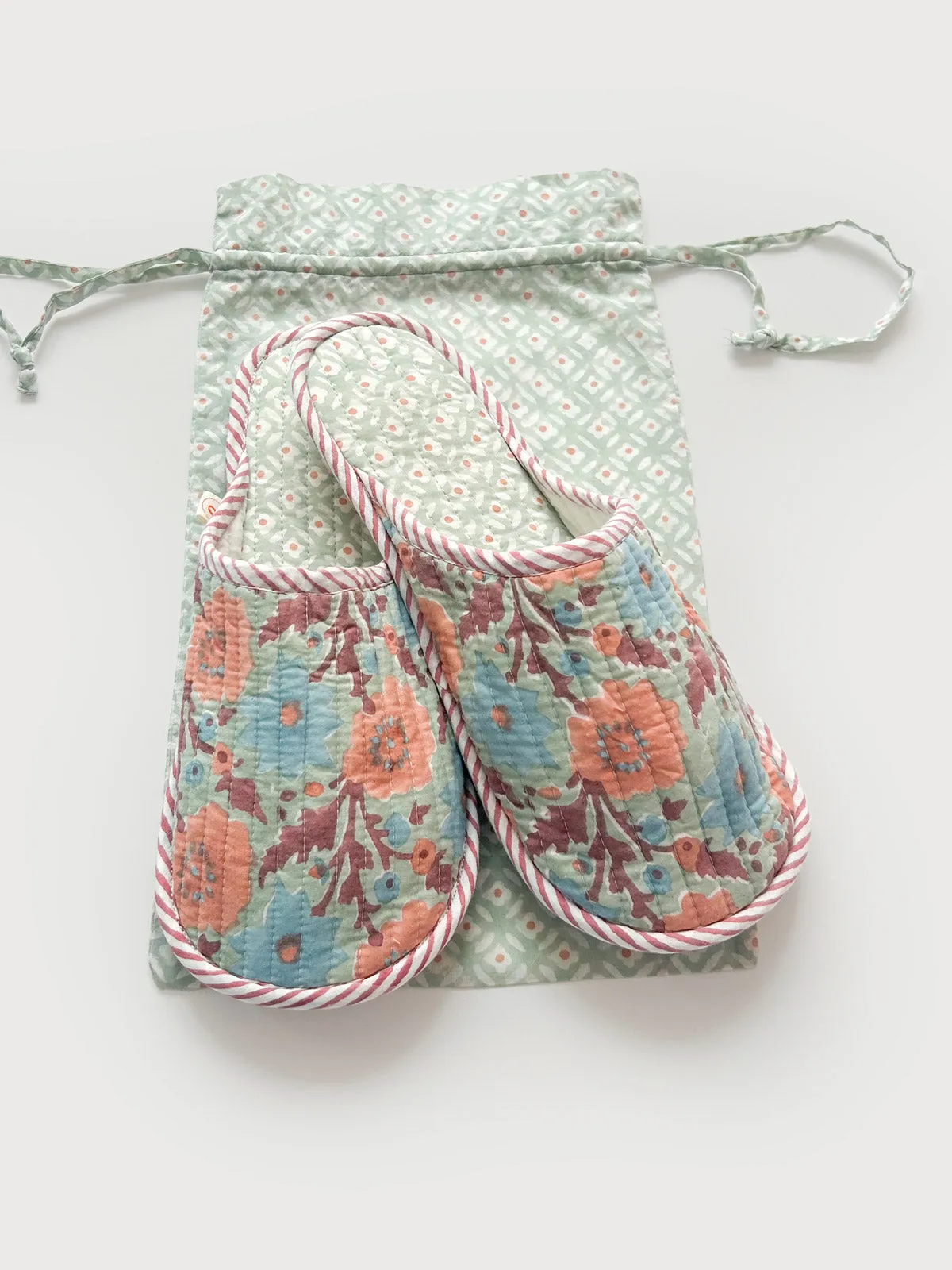Block Print House Slippers, Duck Egg