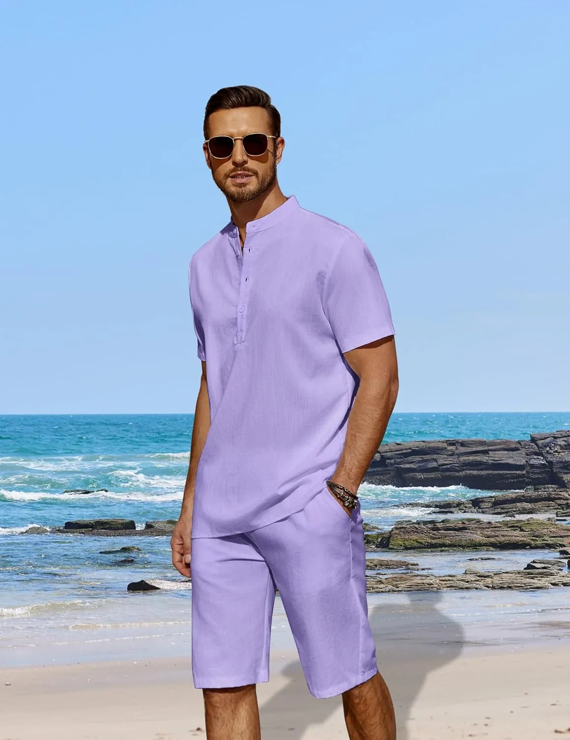 COOFANDY Men's 2 Pieces Linen Set Casual Henley Shirts Short Sleeve Beach Yoga Shorts Summer Pants Outfits