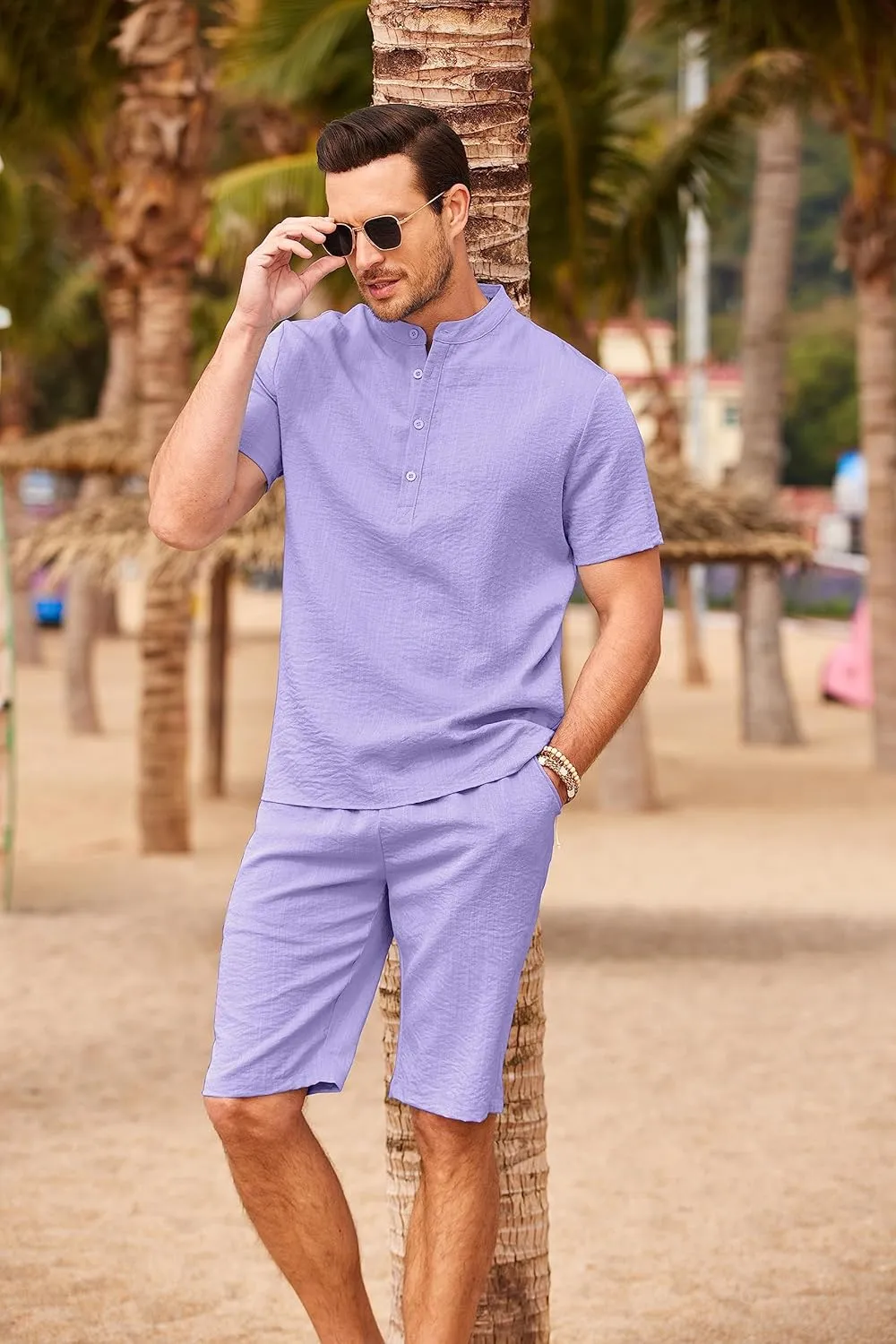 COOFANDY Men's 2 Pieces Linen Set Casual Henley Shirts Short Sleeve Beach Yoga Shorts Summer Pants Outfits