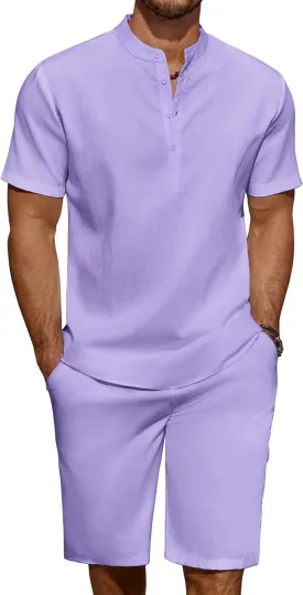 COOFANDY Men's 2 Pieces Linen Set Casual Henley Shirts Short Sleeve Beach Yoga Shorts Summer Pants Outfits
