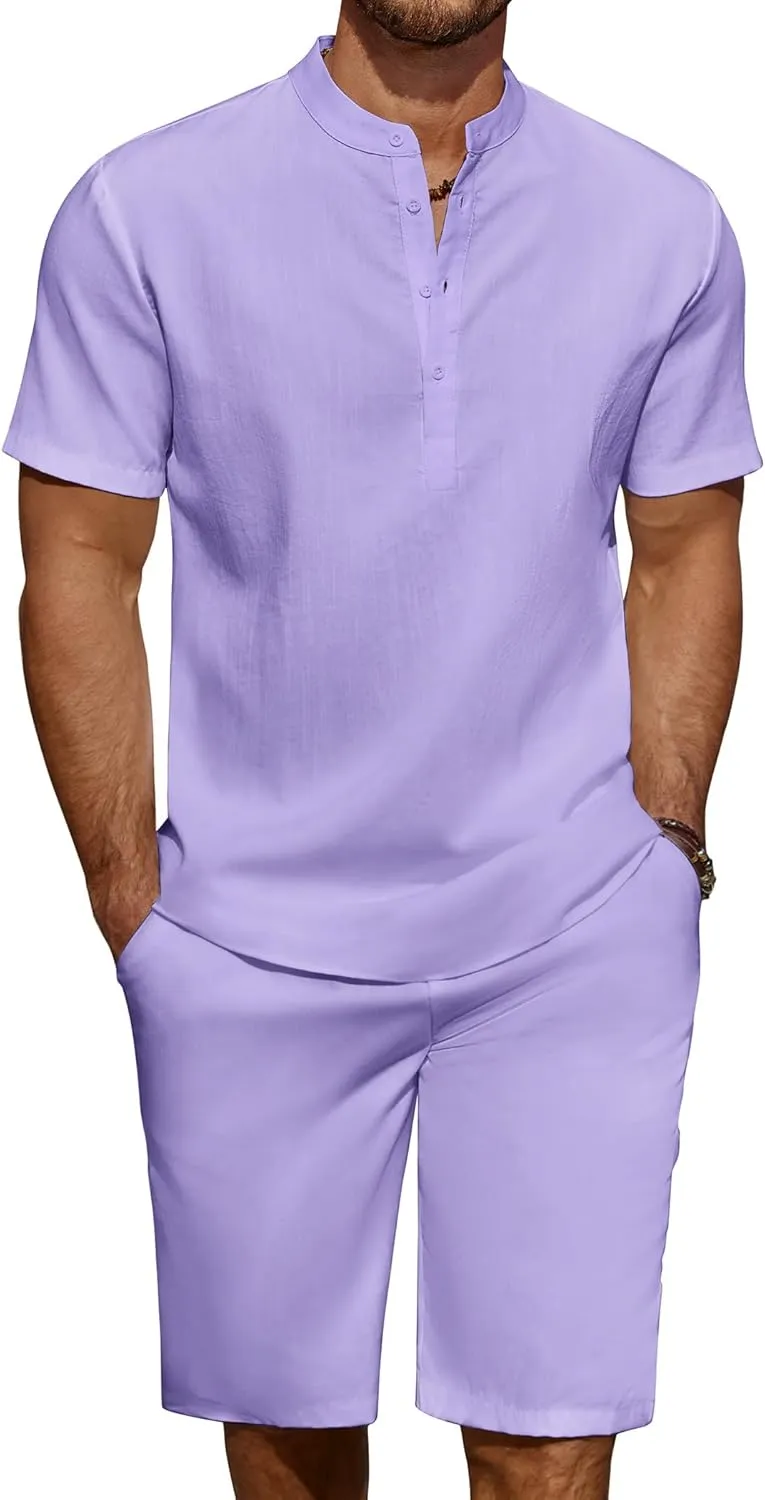 COOFANDY Men's 2 Pieces Linen Set Casual Henley Shirts Short Sleeve Beach Yoga Shorts Summer Pants Outfits