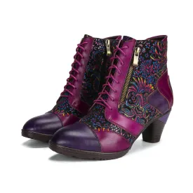 CrazycatZ Womens Leather Ankle Boots Bohemian Block Heel Colorful Floral Leather Boots Hot Pink