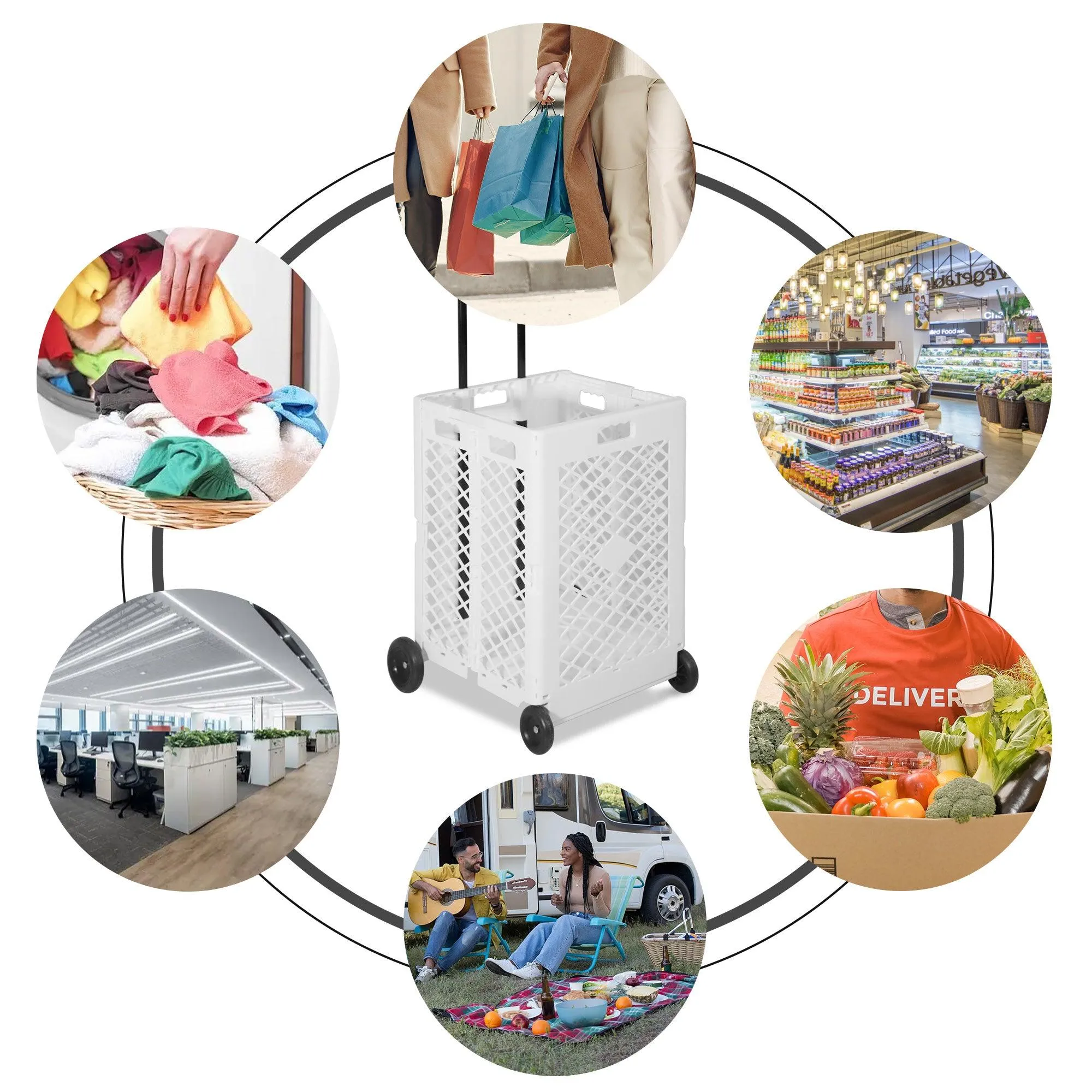 Foldable Rolling Cart Crate Collapsible Basket with Wheels & Telescopic Handle, 66 lbs Capacity, White