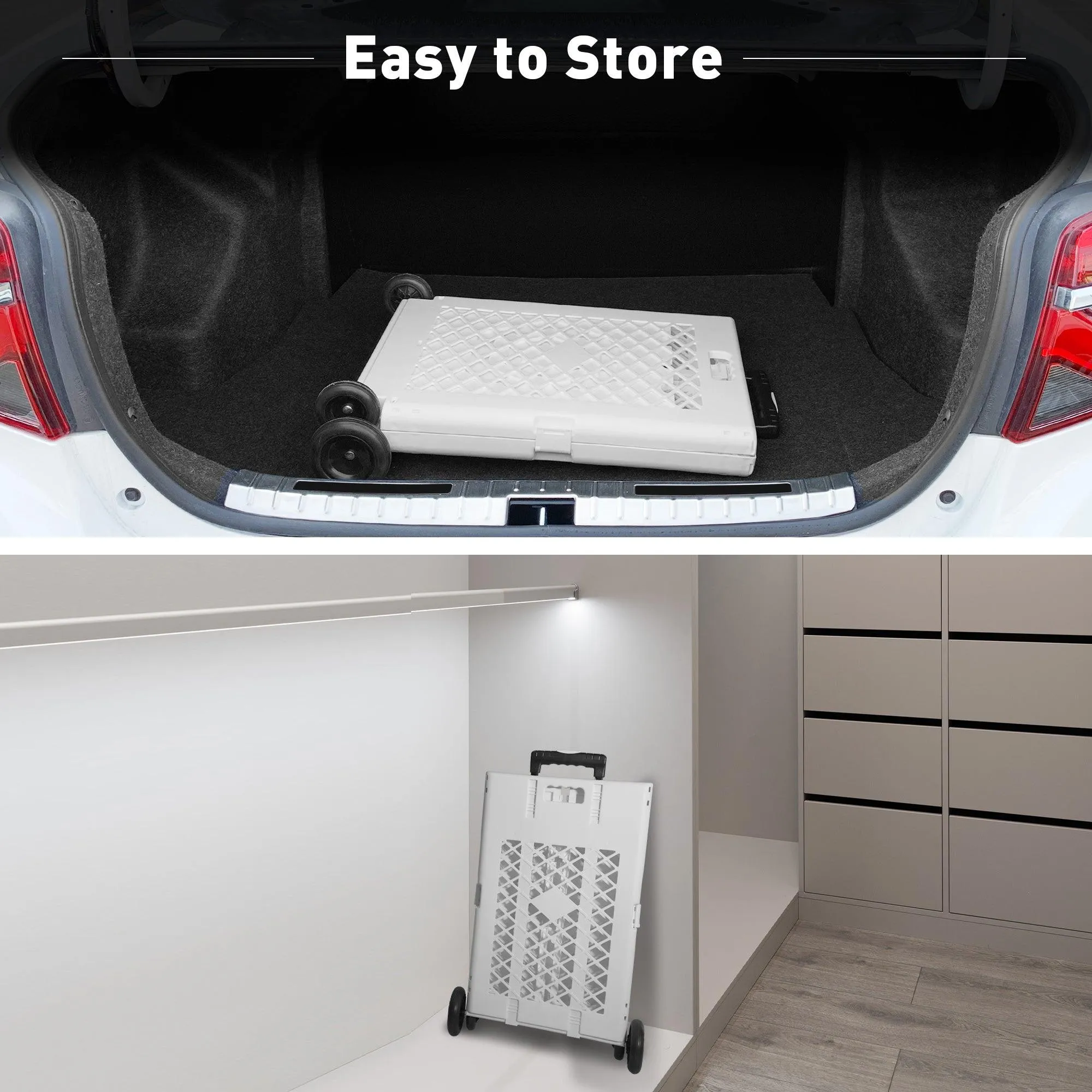 Foldable Rolling Cart Crate Collapsible Basket with Wheels & Telescopic Handle, 66 lbs Capacity, White