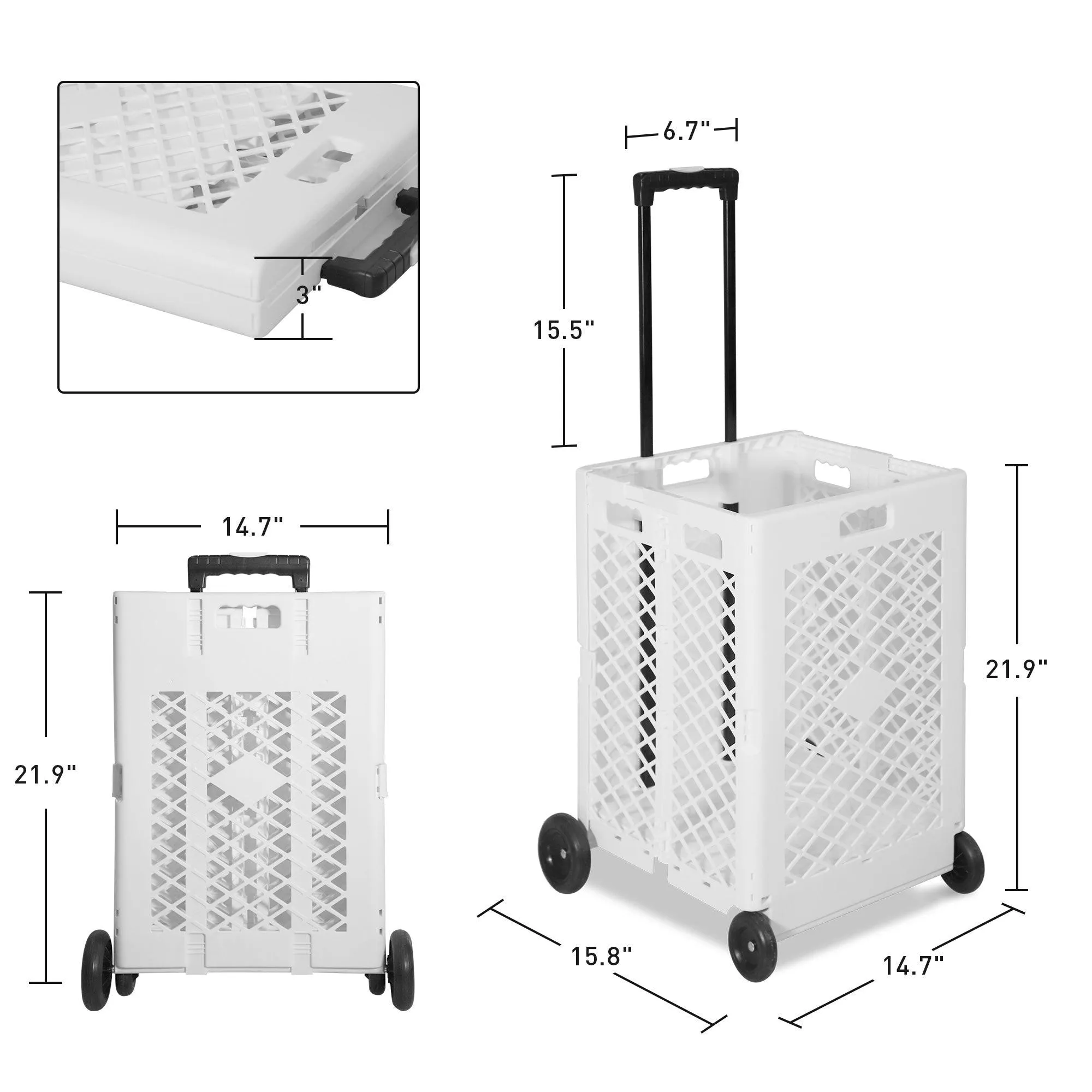 Foldable Rolling Cart Crate Collapsible Basket with Wheels & Telescopic Handle, 66 lbs Capacity, White