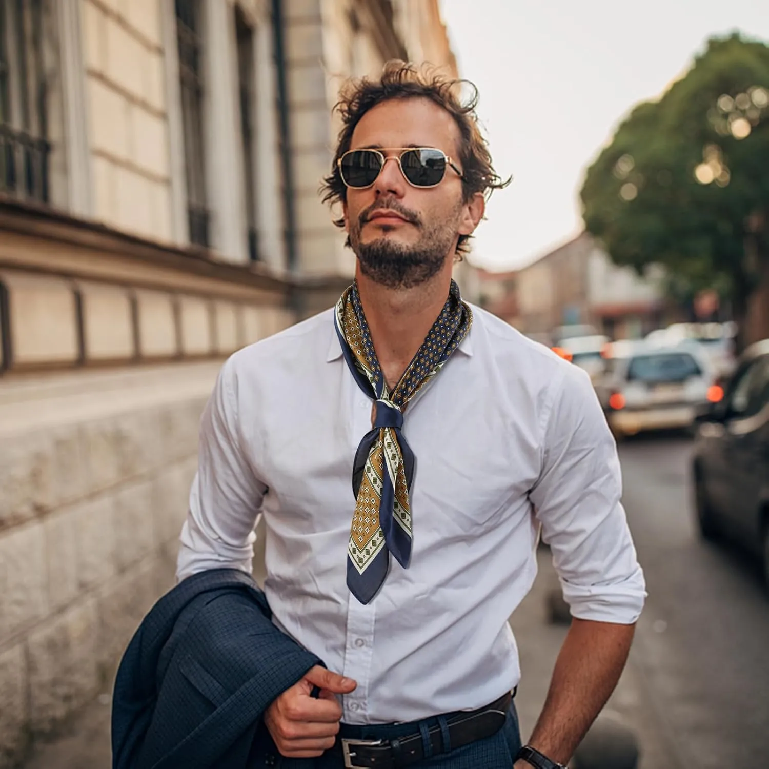 GERINLY Vintage Silk Feel Square Scarf for Men Satin Bandana Tiny Pattern Print Neckerchief Geometry Head Scarf