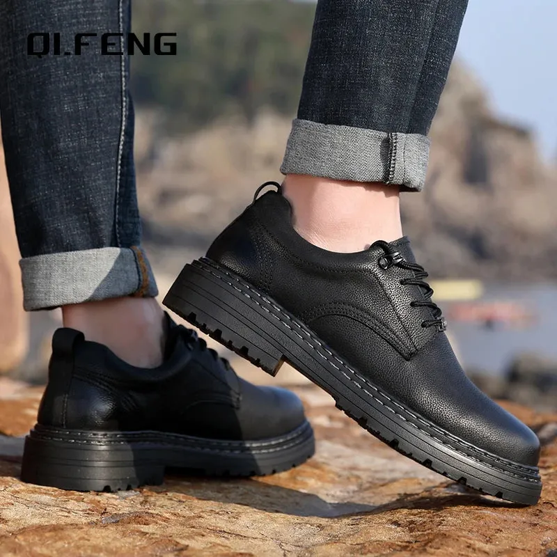 Men's Genuine Leather Large Casual Sneakers: Handsewn, Anti-Slip