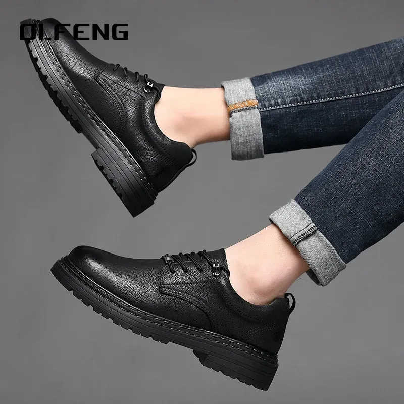 Men's Genuine Leather Large Casual Sneakers: Handsewn, Anti-Slip