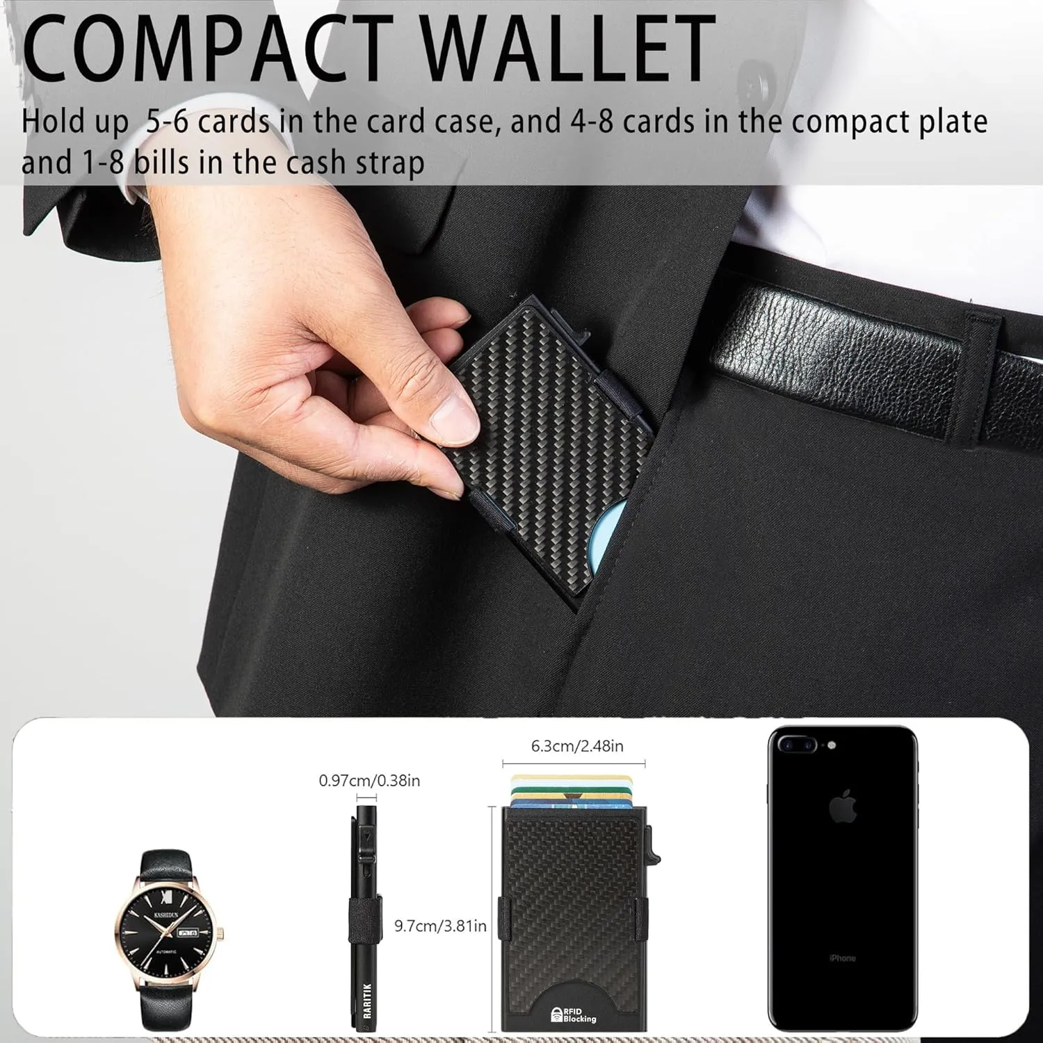 Minimalist Carbon Fiber Wallet for Men, Money Clip Cash Strap Wallet, RFID Blocking Metal Wallet Aluminum Card Holder,Front Pocket Wallet