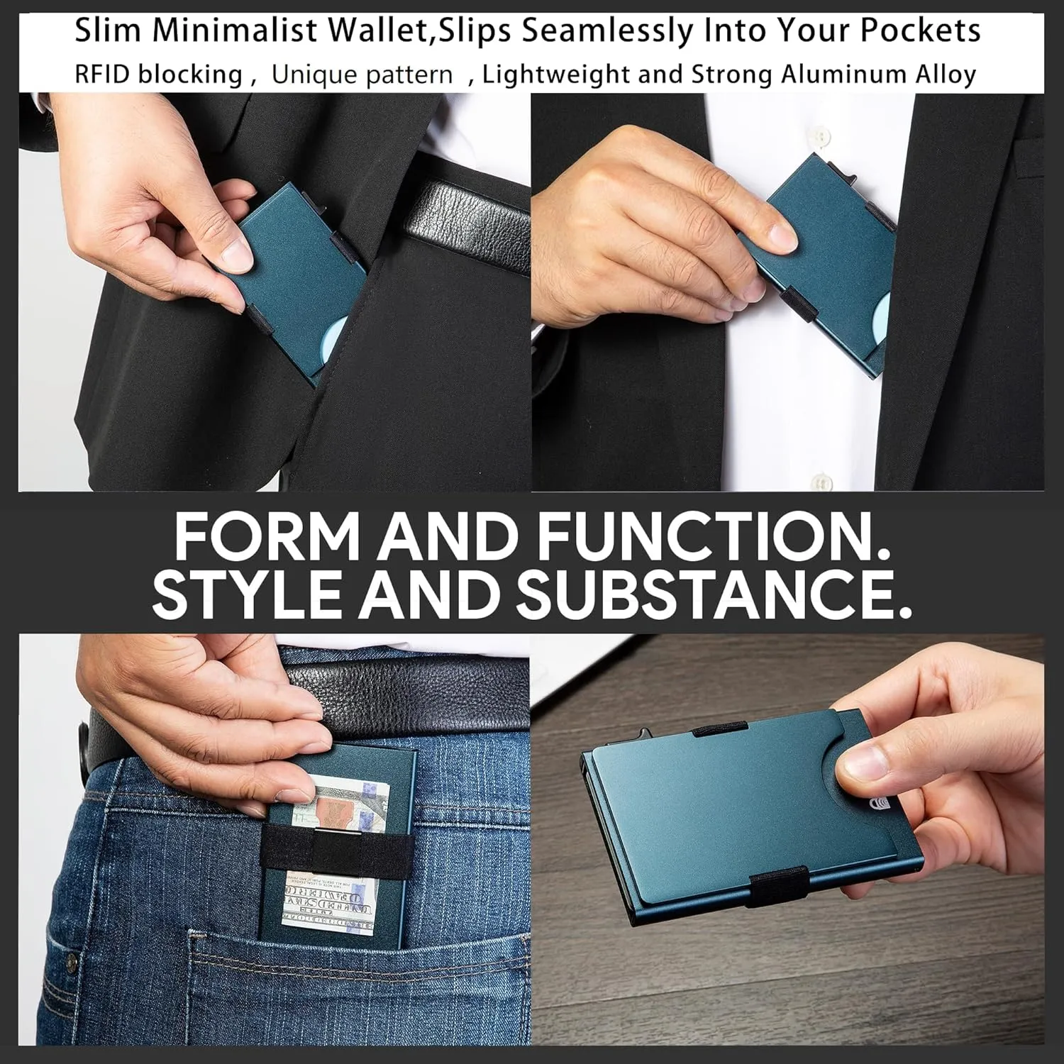 Minimalist Carbon Fiber Wallet for Men, Money Clip Cash Strap Wallet, RFID Blocking Metal Wallet Aluminum Card Holder,Front Pocket Wallet