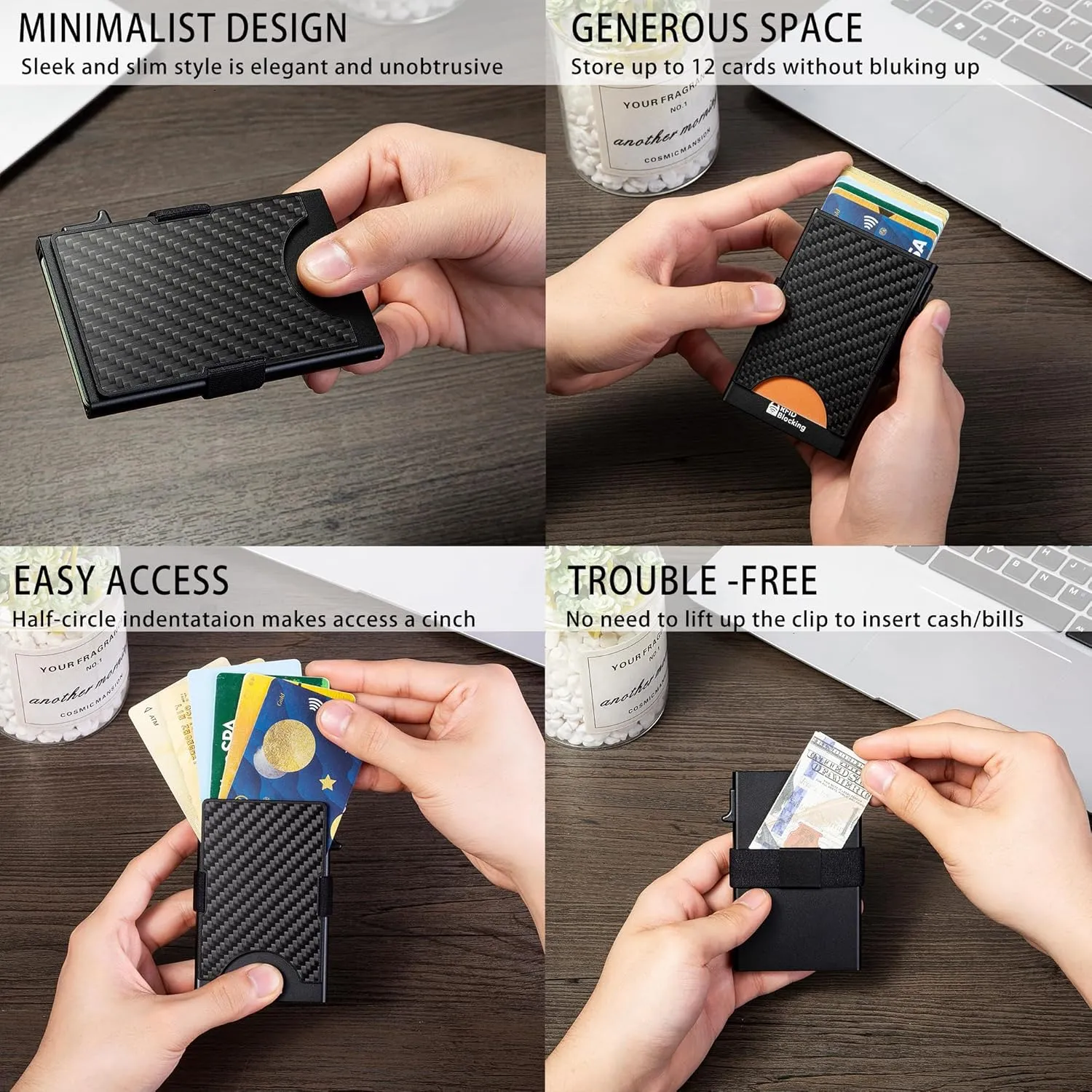 Minimalist Carbon Fiber Wallet for Men, Money Clip Cash Strap Wallet, RFID Blocking Metal Wallet Aluminum Card Holder,Front Pocket Wallet