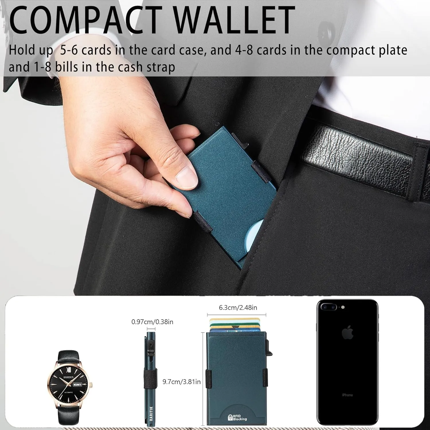 Minimalist Carbon Fiber Wallet for Men, Money Clip Cash Strap Wallet, RFID Blocking Metal Wallet Aluminum Card Holder,Front Pocket Wallet
