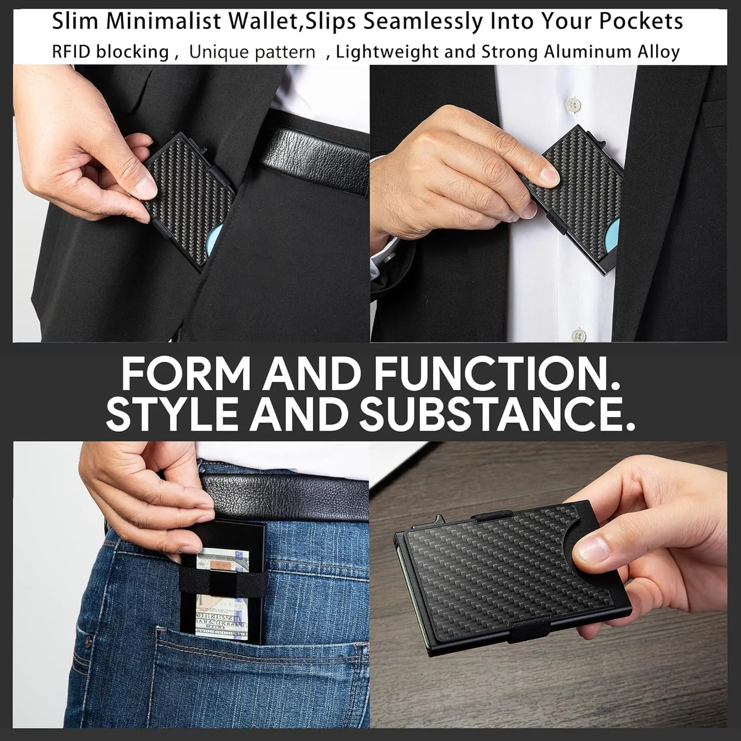 Minimalist Carbon Fiber Wallet for Men, Money Clip Cash Strap Wallet, RFID Blocking Metal Wallet Aluminum Card Holder,Front Pocket Wallet
