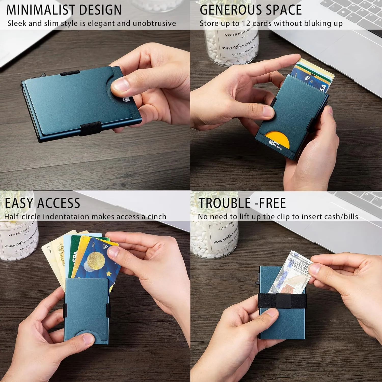 Minimalist Carbon Fiber Wallet for Men, Money Clip Cash Strap Wallet, RFID Blocking Metal Wallet Aluminum Card Holder,Front Pocket Wallet
