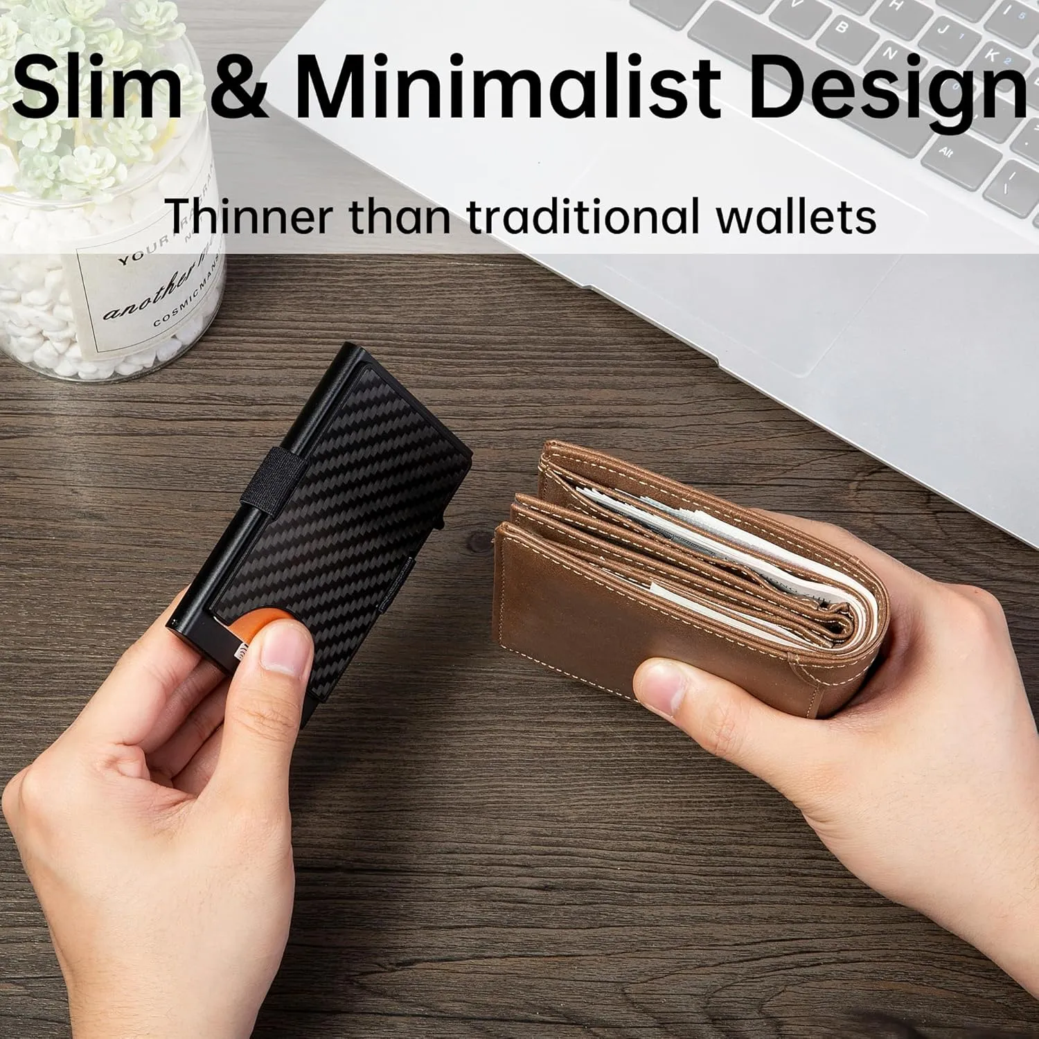 Minimalist Carbon Fiber Wallet for Men, Money Clip Cash Strap Wallet, RFID Blocking Metal Wallet Aluminum Card Holder,Front Pocket Wallet