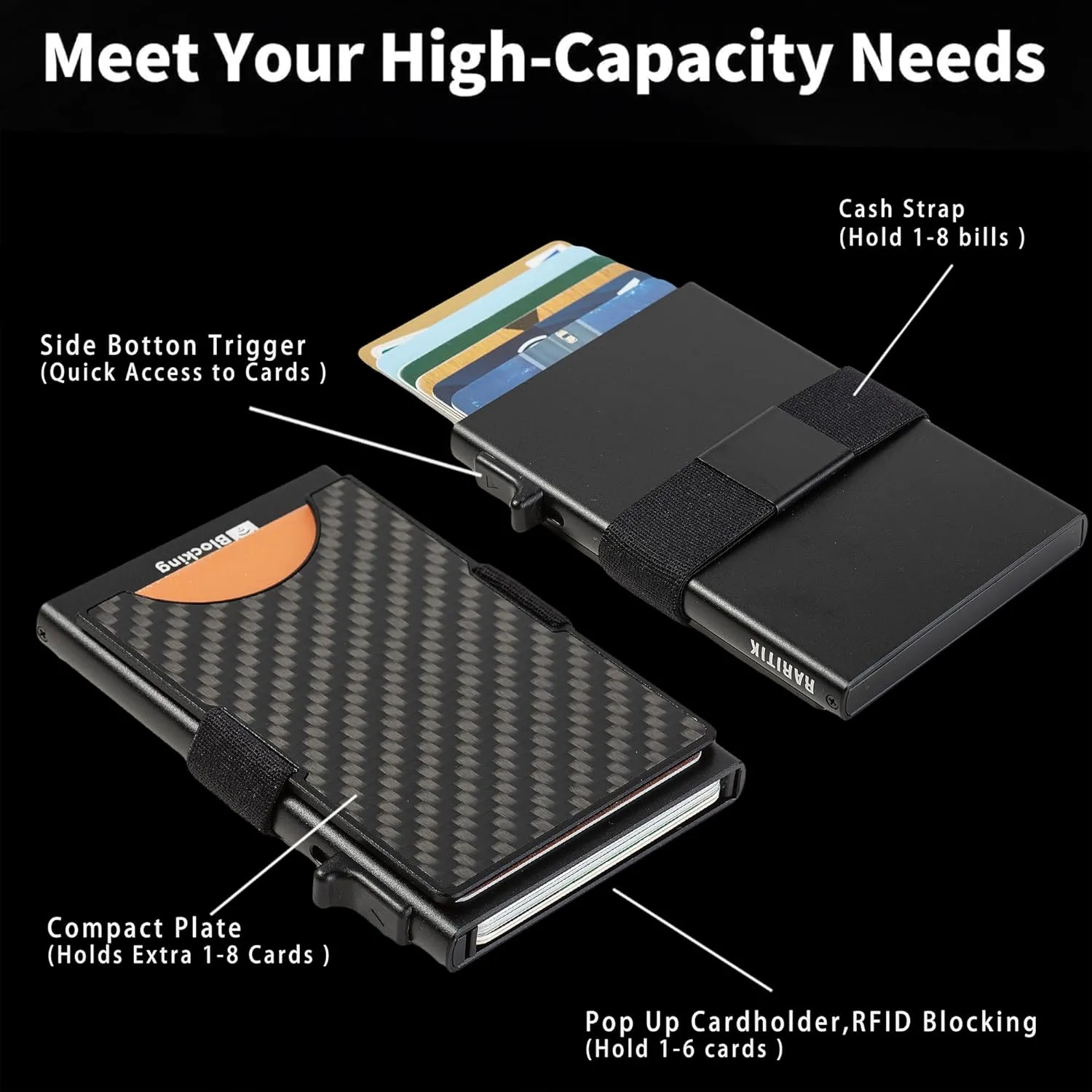 Minimalist Carbon Fiber Wallet for Men, Money Clip Cash Strap Wallet, RFID Blocking Metal Wallet Aluminum Card Holder,Front Pocket Wallet