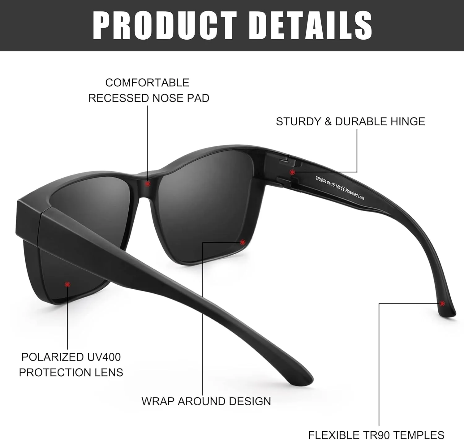 Polarized Sunglasses Fit Over Prescription Glasses for Men Women, Oversized Square Sunglasses, UV400 Protection