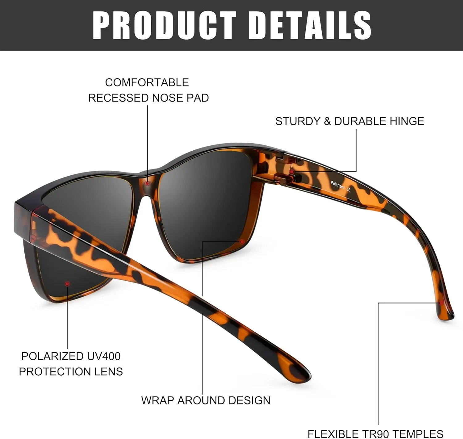 Polarized Sunglasses Fit Over Prescription Glasses for Men Women, Oversized Square Sunglasses, UV400 Protection