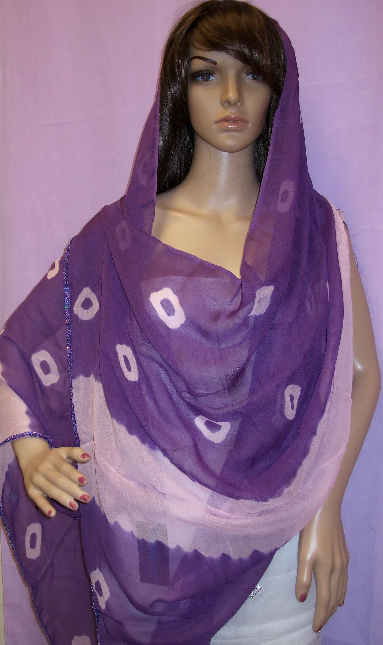 Scarf 362 Purple Chiffon Tie Dye Dupatta Chunni Shawl Wrap Shieno