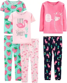 Simple Joys by Carter's Babies, Toddlers, and Girls' 6-Piece Snug-Fit Cotton Pajama Set, Pack of 3