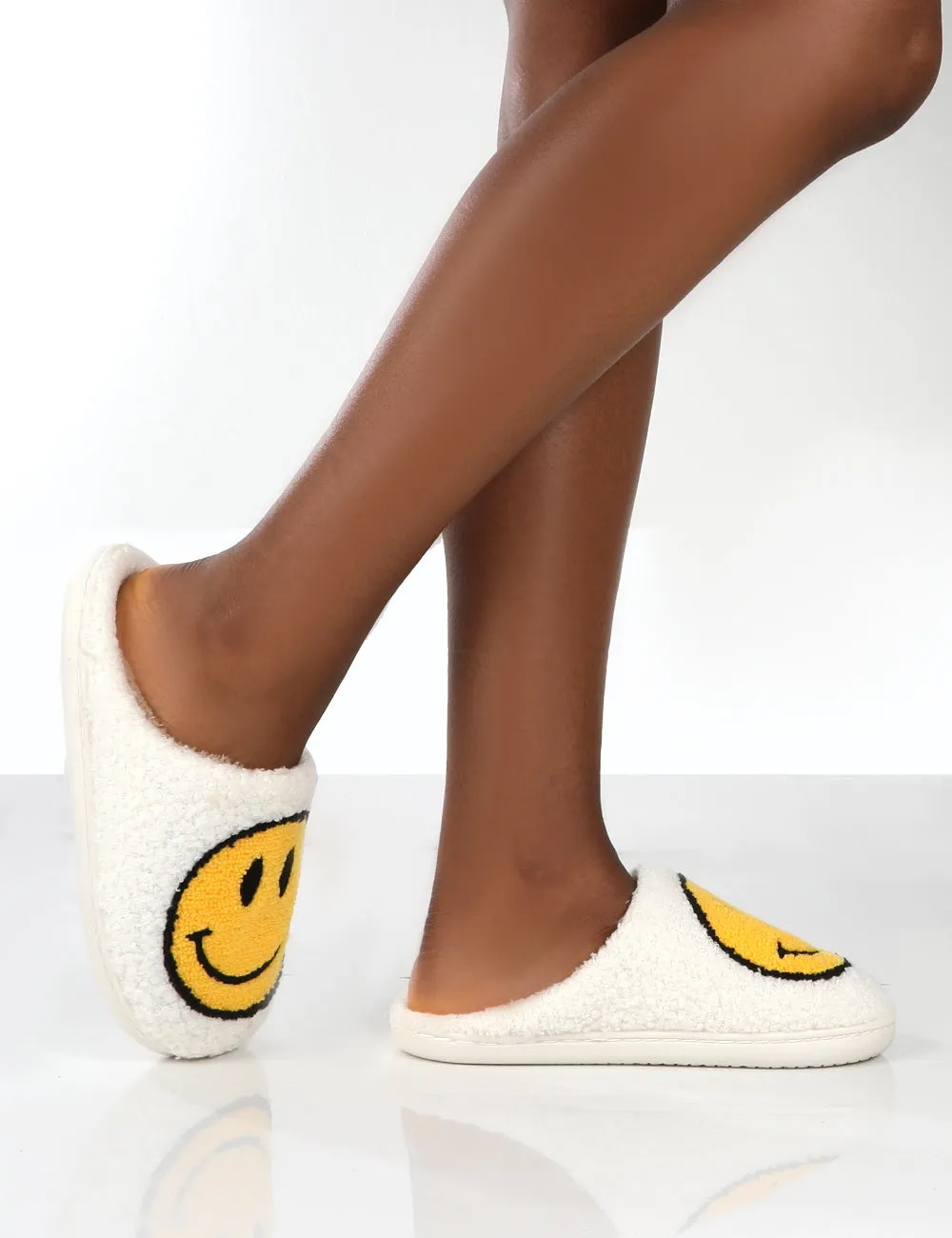 Smile White Printed Smiley Face Slippers