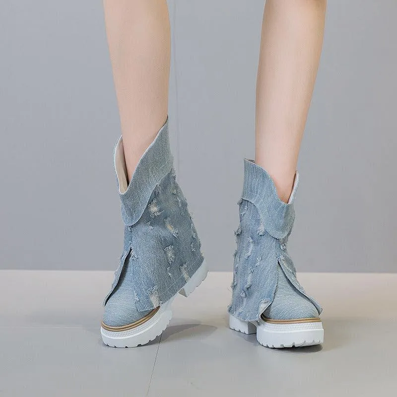 Women's Autumn And Winter New Fleece-lined Denim Leisure Boots
